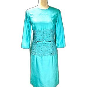 Vintage Alfred Werber Tiffany Blue Beaded & Lace Detail Cocktail Dress Sz M